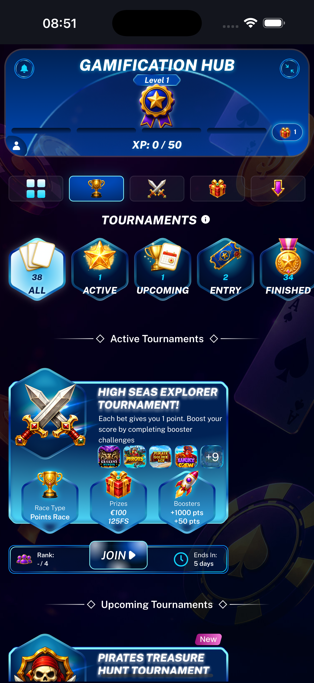 Tournaments landing page displayed on a mobile phone